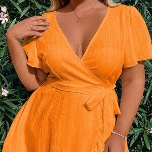Orange V Neck Belted, Ruffle Hem, Wrap Dress